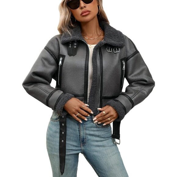 Jackets & Blazers - Women Faux Lamb Fur Leather Short Jacket Lapel Zipper Bomber Aviator Coat Grey